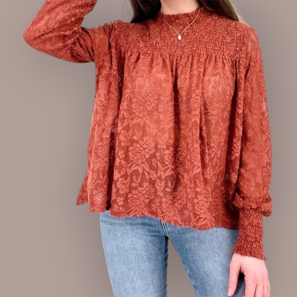 Anthropologie Deletta Amanna Floral Lace Textured Boho Smocked Blouse Rust S